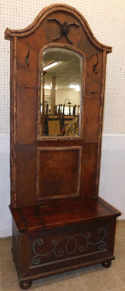 Mahogany & Leather Equestrian Hall Tree with Bevel Edge Mirror by Drexel Heritage (1 of 5)