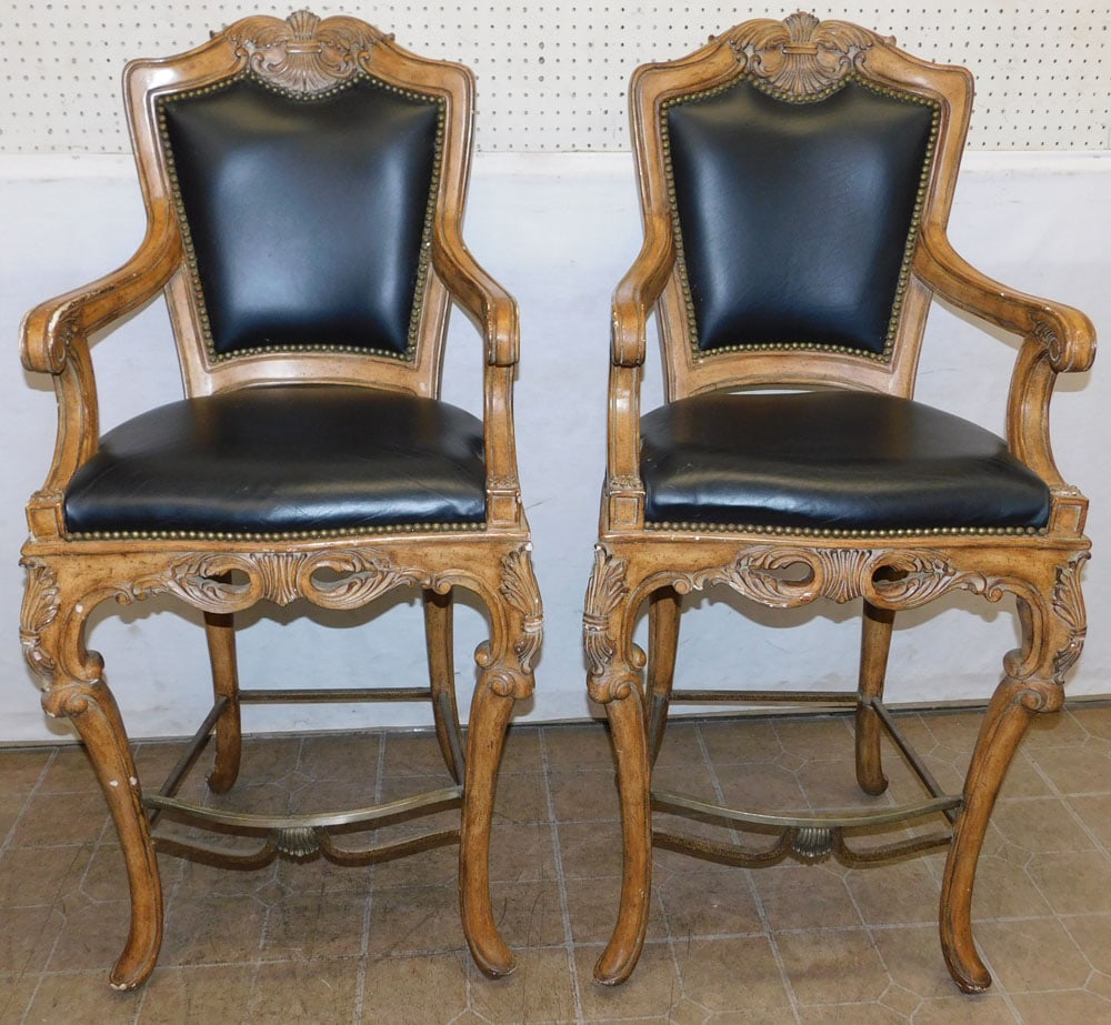 Pair of Painted Carved Wood & Leather Upholstered Arm Bar Stools (1 of 6)