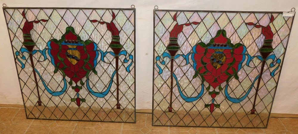 Pair of Leaded Stain Glass Window Panels (1 of 3)