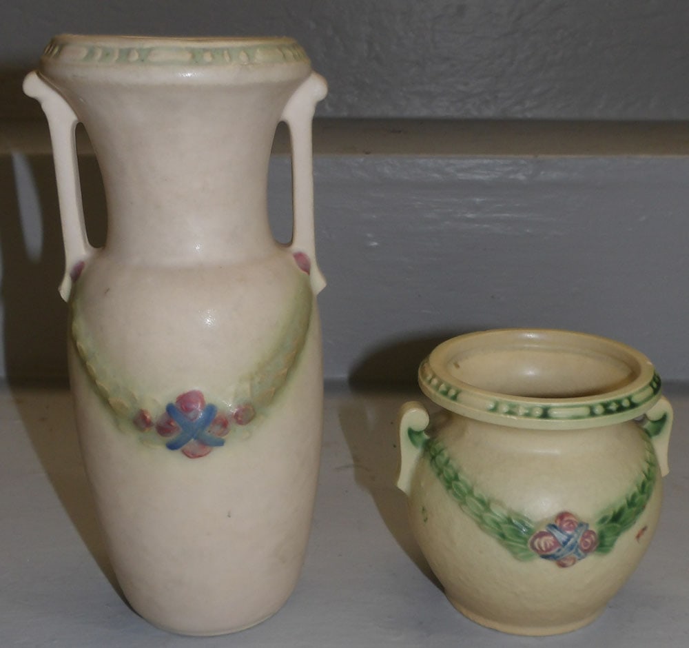2 Pieces of Roseville Pottery, (La Rose): 2 Pieces of Roseville Pottery, (La Rose). Up to 8 3/4" H "ALL DESCRIPTIONS AND ANY CONDITION STATEMENT GIVEN BY LANGSTON AUCTION GALLERY ARE STRICTLY OPINIONS AND LANGSTON'S SHALL HAVE NO RESPONSIBILI