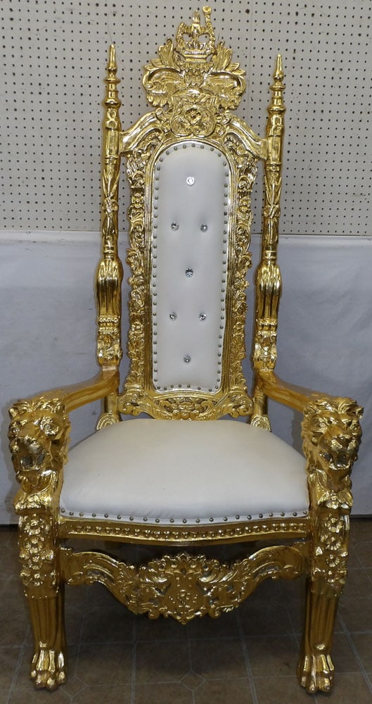 Ornate Gilt Painted Carved Wood Throne Chair with Lion Head Arms (1 of 11)