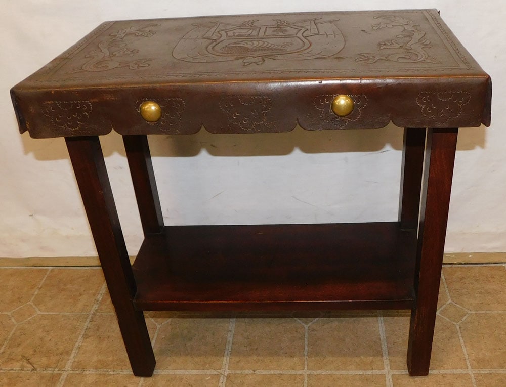 Tooled Leather Top Mahogany 2 Tier Stand (1 of 5)