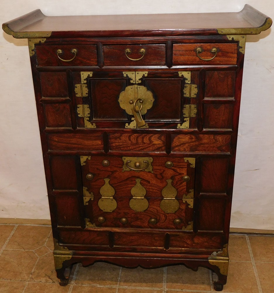 Elmwood & Brass Bound Korean Cabinet: Elmwood & Brass Bound Korean Cabinet. 25 1/2" W 11 1/2" D 33 1/4" H "ALL DESCRIPTIONS AND ANY CONDITION STATEMENT GIVEN BY LANGSTON AUCTION GALLERY ARE STRICTLY OPINIONS AND LANGSTON'S SHALL HAVE NO R