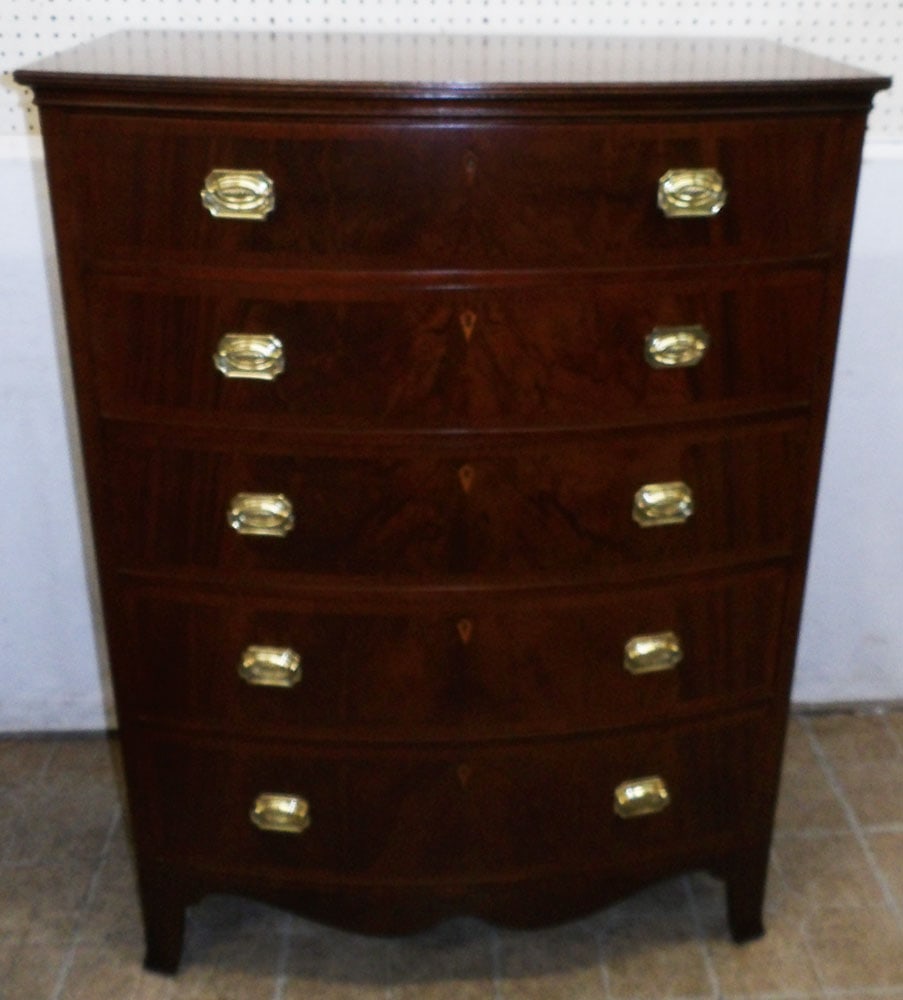 Mahogany Bow Front 5 Drawer Chest: Mahogany Bow Front 5 Drawer Chest . 36" W 22" D 48 1/2" H "ALL DESCRIPTIONS AND ANY CONDITION STATEMENT GIVEN BY LANGSTON AUCTION GALLERY ARE STRICTLY OPINIONS AND LANGSTON'S SHALL HAVE NO RESPONSIBIL
