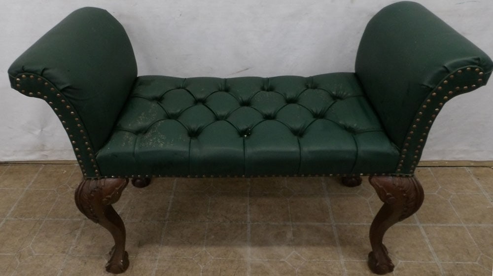 Carved Mahogany & Vinyl Upholstered Window Bench with Ball & Claw Feet (1 of 5)