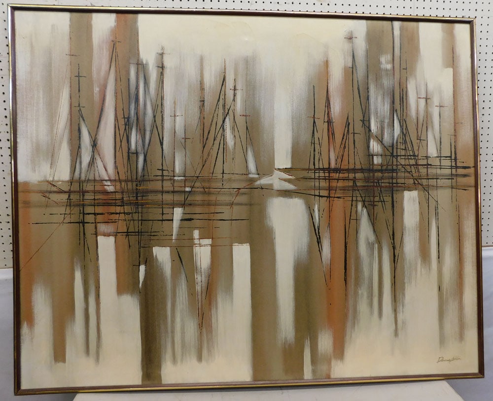 Large Mid Century Modern Oil on Canvas Signed: Large Mid Century Modern Oil on Canvas Signed. 61" x 49" "ALL DESCRIPTIONS AND ANY CONDITION STATEMENT GIVEN BY LANGSTON AUCTION GALLERY ARE STRICTLY OPINIONS AND LANGSTON'S SHALL HAVE NO RESPONSIBILI