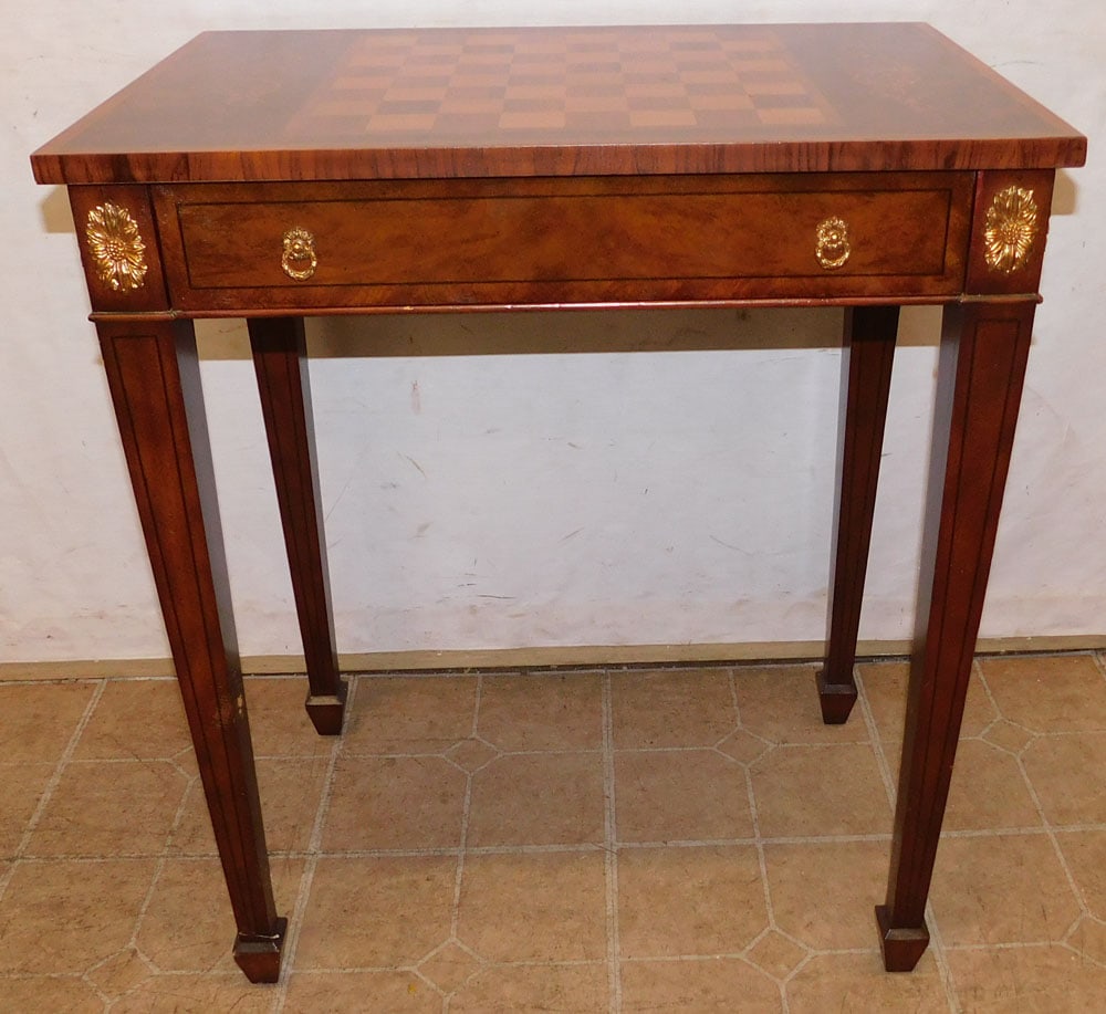 Burl Walnut Inlaid Checkboard Top Game Table with Tooled Leather Slides by Maitland Smith (1 of 6)