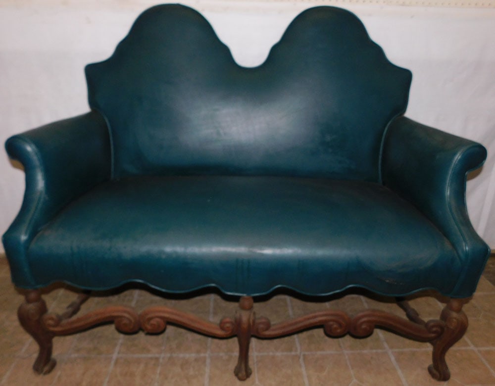 Vinyl Upholstered William & Mary Style Loveseat: Vinyl Upholstered William & Mary Style Loveseat . 51" W 24" D 42 1/4" H "ALL DESCRIPTIONS AND ANY CONDITION STATEMENT GIVEN BY LANGSTON AUCTION GALLERY ARE STRICTLY OPINIONS AND LANGSTON'S SHALL HAVE 