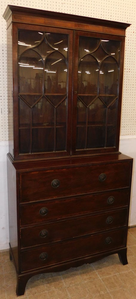 Mahogany Glass Door Secretary by Baker: Mahogany Glass Door Secretary by Baker. 38 1/4" W 18" D 82" H "ALL DESCRIPTIONS AND ANY CONDITION STATEMENT GIVEN BY LANGSTON AUCTION GALLERY ARE STRICTLY OPINIONS AND LANGSTON'S SHALL HAVE NO RESPONS