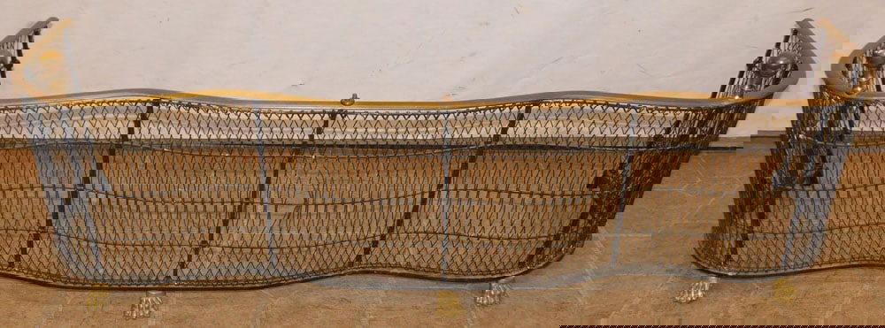Antique Brass & Wire Mesh Fireplace Fender, (Missing Finial) (1 of 3)