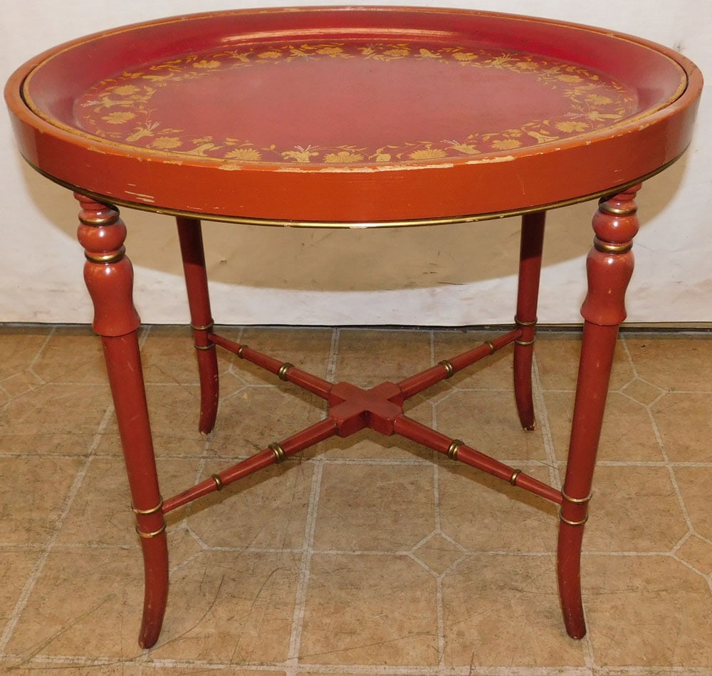 Painted Tole Tray & Lacquered Wood Tea Table (1 of 3)