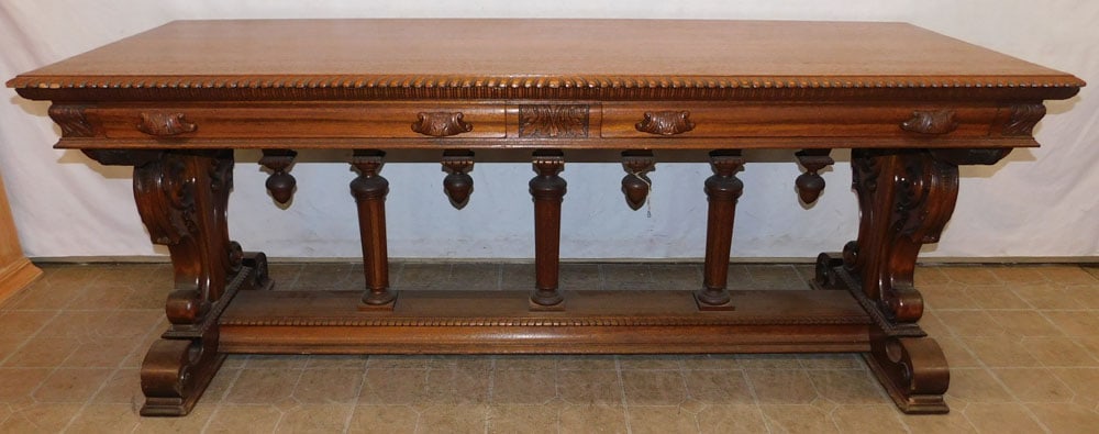 Antique Carved Mahogany Library Table with 2 Drawers (1 of 6)