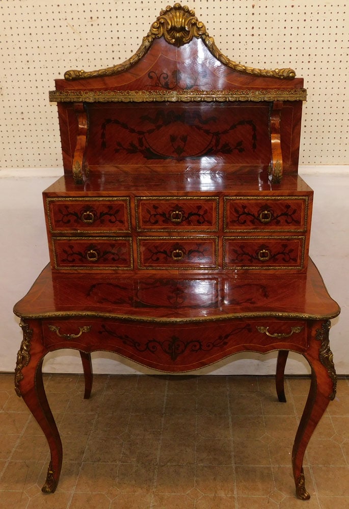 French Inlaid Rosewood Desk with Bronze Mounts: French Inlaid Rosewood Desk with Bronze Mounts . 41 1/2" W 27" D 67" H "ALL DESCRIPTIONS AND ANY CONDITION STATEMENT GIVEN BY LANGSTON AUCTION GALLERY ARE STRICTLY OPINIONS AND LANGSTON'S SHALL HAVE N
