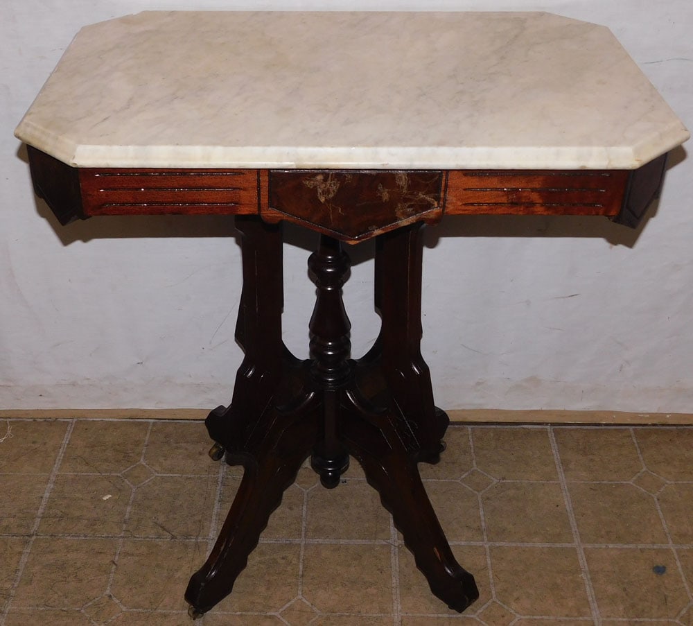 Antique Walnut Victorian Marble Top Lamp Table (1 of 4)