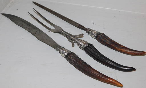 3 Piece 19th Century Sterling Collar & Stag Handle Carving Set by Landers Frary & Clark: 3 Piece 19th Century Sterling Collar & Stag Handle Carving Set by Landers Frary & Clark . "ALL DESCRIPTIONS AND ANY CONDITION STATEMENT GIVEN BY LANGSTON AUCTION GALLERY ARE STRICTLY OPINIONS AND LANG