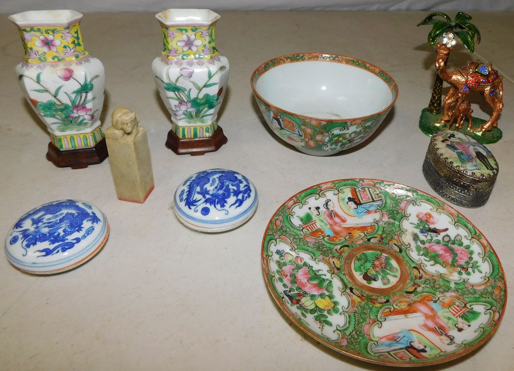 Lot of Oriental Porcelain, Miniature Vases with Stands, Ink Boxes, & Rose Medallion Items (1 of 6)