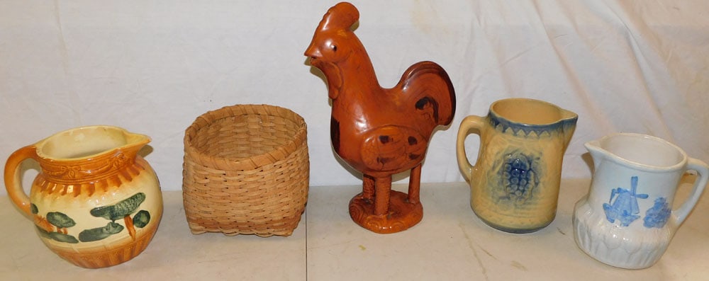 Lot of Pottery Pitchers, Chicken, & Split Oak Basket (1 of 3)