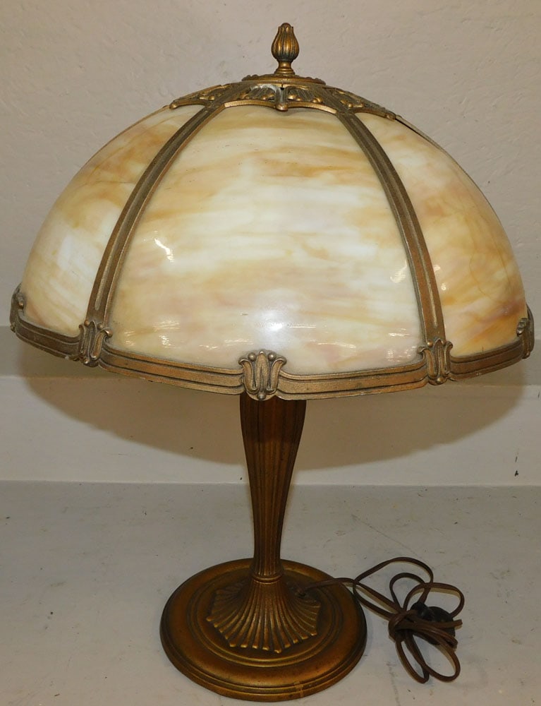 Antique Slag Glass Lamp, (3 Panels Have Hairlines) (1 of 5)