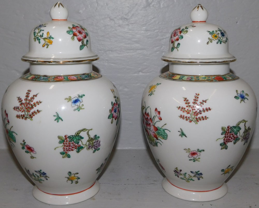 Pair of Painted Oriental Porcelain Covered Urns (1 of 4)