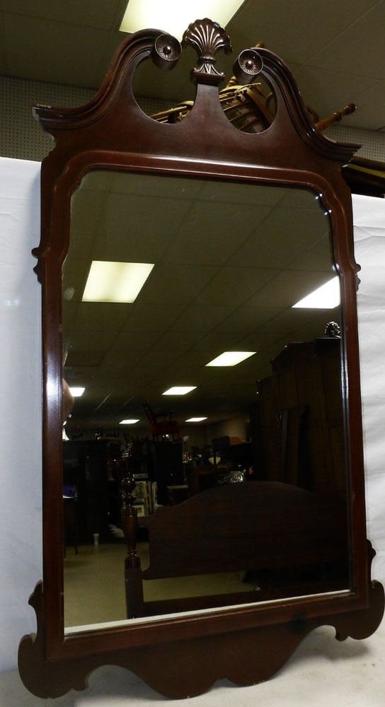 Mahogany Framed Mirror: Mahogany Framed Mirror. 27" x 49 1/2" "ALL DESCRIPTIONS AND ANY CONDITION STATEMENT GIVEN BY LANGSTON AUCTION GALLERY ARE STRICTLY OPINIONS AND LANGSTON'S SHALL HAVE NO RESPONSIBILITY FOR ERRORS OR OM