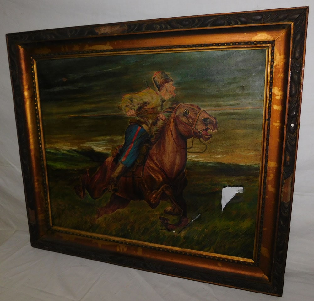 Antique Oil on Canvas of Horse Rider, (As Is): Antique Oil on Canvas of Horse Rider, (As Is). 27 1/2" x 24" "ALL DESCRIPTIONS AND ANY CONDITION STATEMENT GIVEN BY LANGSTON AUCTION GALLERY ARE STRICTLY OPINIONS AND LANGSTON'S SHALL HAVE NO RESPONSI
