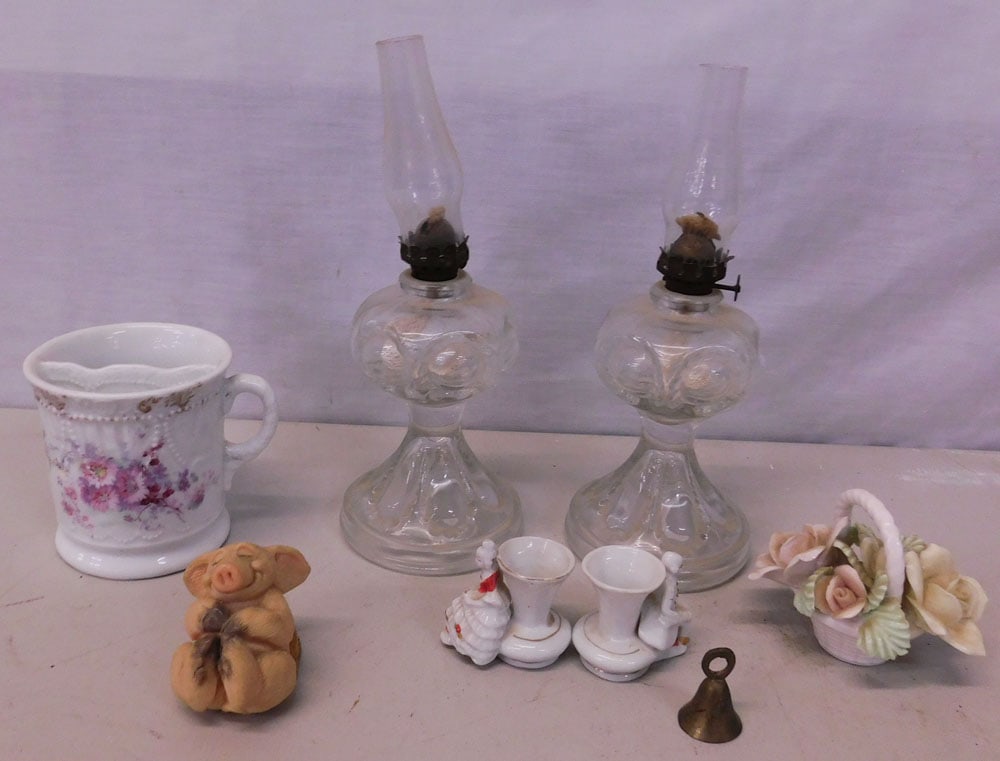 2 Miniature Glass Oil Lamps & Porcelain Items: 2 Miniature Glass Oil Lamps & Porcelain Items. "ALL DESCRIPTIONS AND ANY CONDITION STATEMENT GIVEN BY LANGSTON AUCTION GALLERY ARE STRICTLY OPINIONS AND LANGSTON'S SHALL HAVE NO RESPONSIBILITY FOR ERR