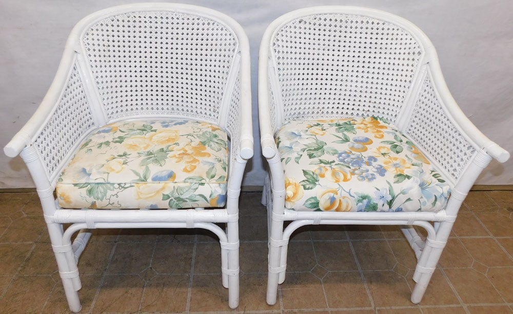 Pair of Painted Rattan Arm Chairs: Pair of Painted Rattan Arm Chairs. 31" H"ALL DESCRIPTIONS AND ANY CONDITION STATEMENT GIVEN BY LANGSTON AUCTION GALLERY ARE STRICTLY OPINIONS AND LANGSTON'S SHALL HAVE NO RESPONSIBILITY FOR ERRORS OR