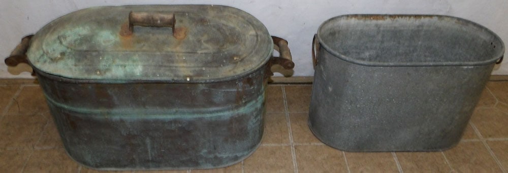 antique copper boiler and galvanized tub: antique copper boiler and galvanized tub. 29" W 14" D 16" H"ALL DESCRIPTIONS AND ANY CONDITION STATEMENT GIVEN BY LANGSTON AUCTION GALLERY ARE STRICTLY OPINIONS AND LANGSTON'S SHALL HAVE NO RESPONSIBI