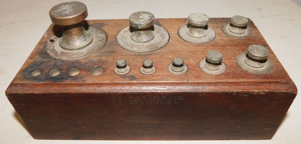 set of antique brass weights in wooden stand (1 of 2)