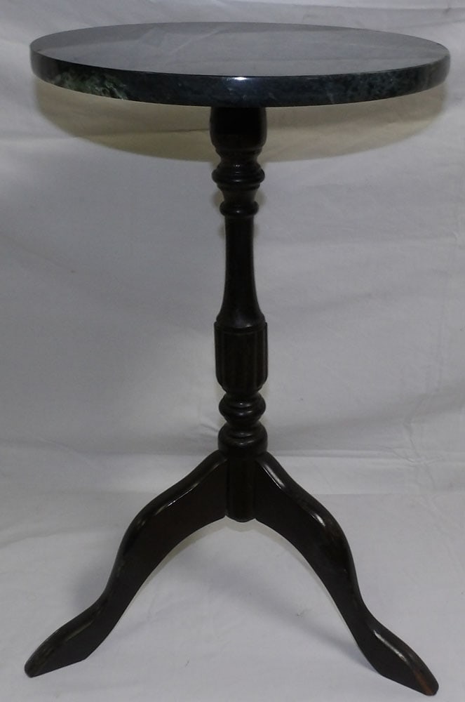 mahogany and marble top whiskey stand: mahogany and marble top whiskey stand. 12" Dia. 20 1/2" H"ALL DESCRIPTIONS AND ANY CONDITION STATEMENT GIVEN BY LANGSTON AUCTION GALLERY ARE STRICTLY OPINIONS AND LANGSTON'S SHALL HAVE NO RESPONSIBILI
