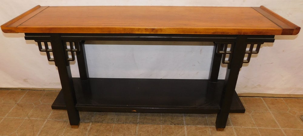 oriental walnut console: oriental walnut console. 56" W 15" D 28" H"ALL DESCRIPTIONS AND ANY CONDITION STATEMENT GIVEN BY LANGSTON AUCTION GALLERY ARE STRICTLY OPINIONS AND LANGSTON'S SHALL HAVE NO RESPONSIBILITY FOR ERRORS O
