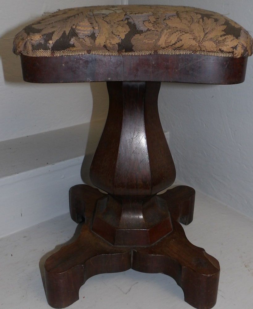 antique rosewood piano stool: antique rosewood piano stool. 13 1/2" Dia. 19 1/4" H"ALL DESCRIPTIONS AND ANY CONDITION STATEMENT GIVEN BY LANGSTON AUCTION GALLERY ARE STRICTLY OPINIONS AND LANGSTON'S SHALL HAVE NO RESPONSIBILITY FO