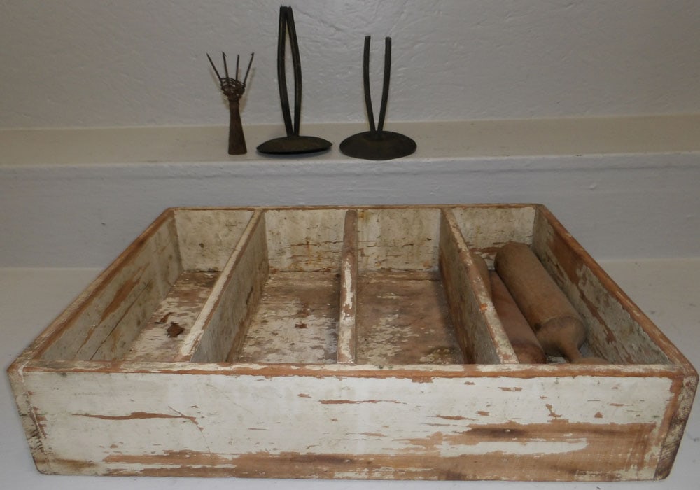 antique painted wood cutlery tray and miscellaneous items (1 of 3)