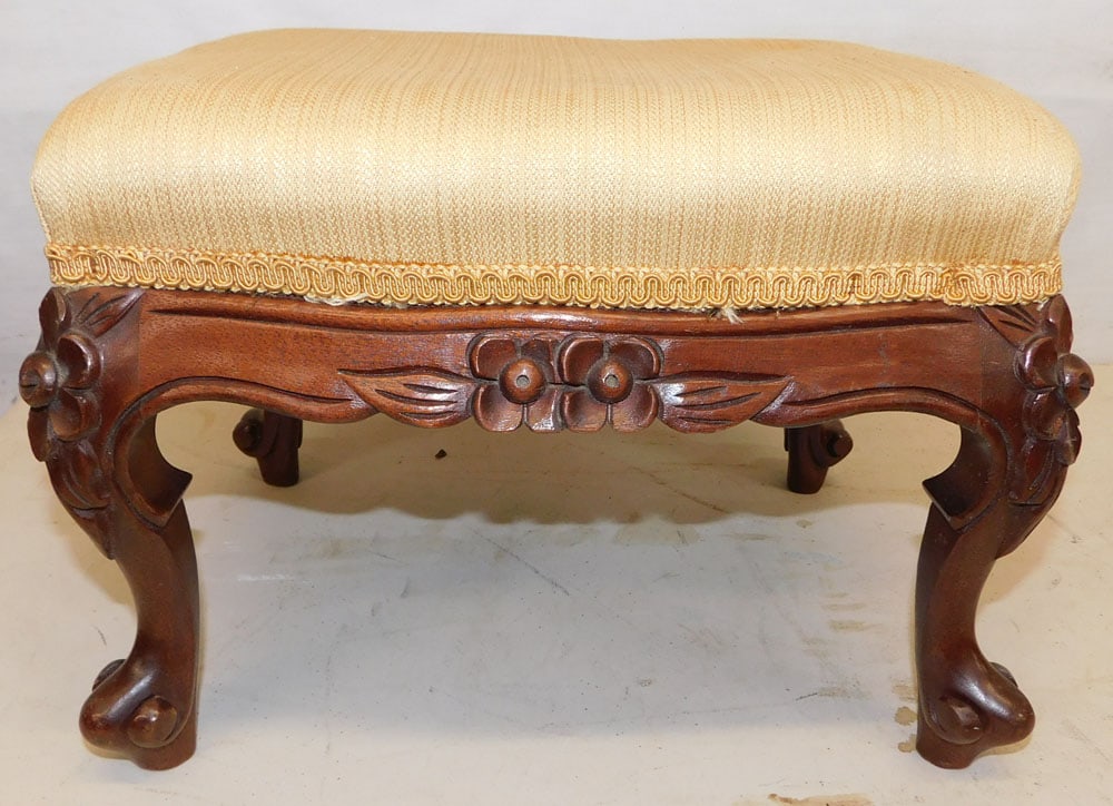 carved mahogany upholstered top foot stool (1 of 3)