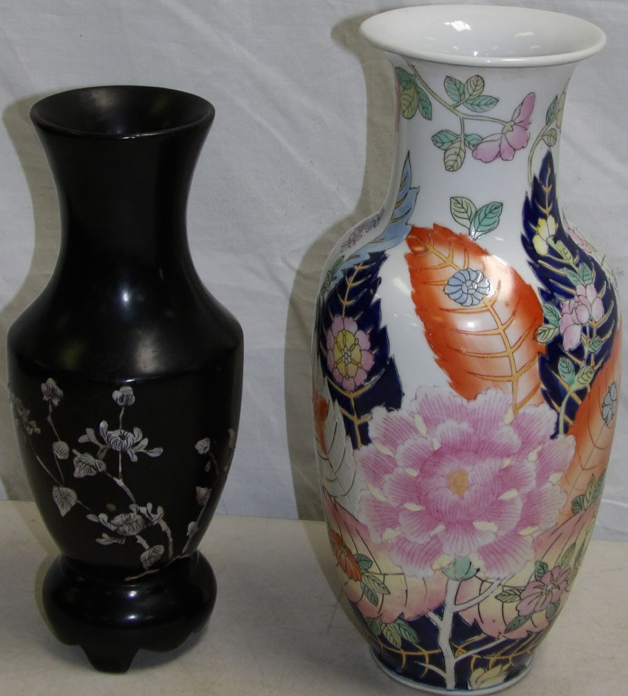 Oriental Tobacco Leaf Paint Decorated Vase & Chinese Black Lacquered Mother of Pearl Vase (1 of 5)