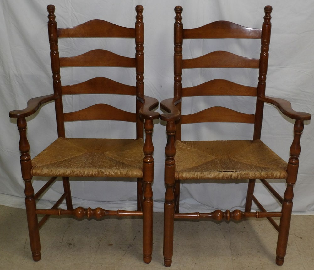 pair maple ladderback rust seat arm chairs (1 of 2)