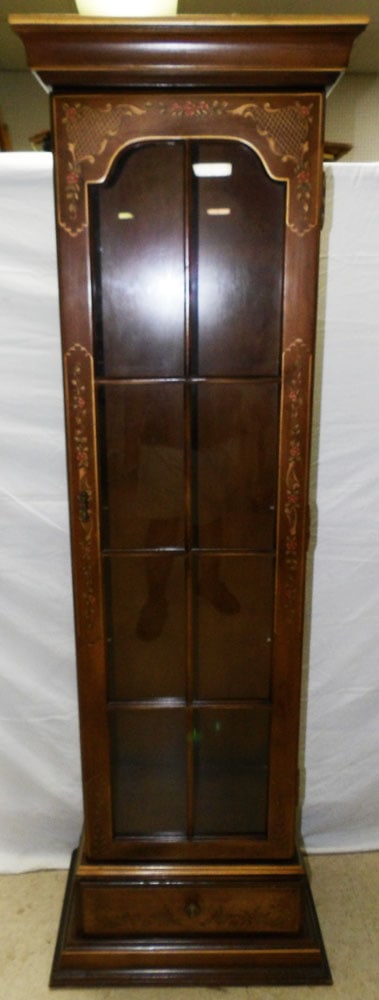 paint decorated lighted curio cabinet with drawer in base, (no shelves): paint decorated lighted curio cabinet with drawer in base, (no shelves). 22" W 14" D 74" H"ALL DESCRIPTIONS AND ANY CONDITION STATEMENT GIVEN BY LANGSTON AUCTION GALLERY ARE STRICTLY OPINIONS AND LANG