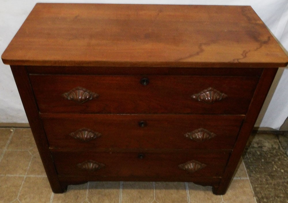 antique walnut 3 drawer chest: antique walnut 3 drawer chest. 32" W 15 1/2" D 29" H"ALL DESCRIPTIONS AND ANY CONDITION STATEMENT GIVEN BY LANGSTON AUCTION GALLERY ARE STRICTLY OPINIONS AND LANGSTON'S SHALL HAVE NO RESPONSIBILITY FO