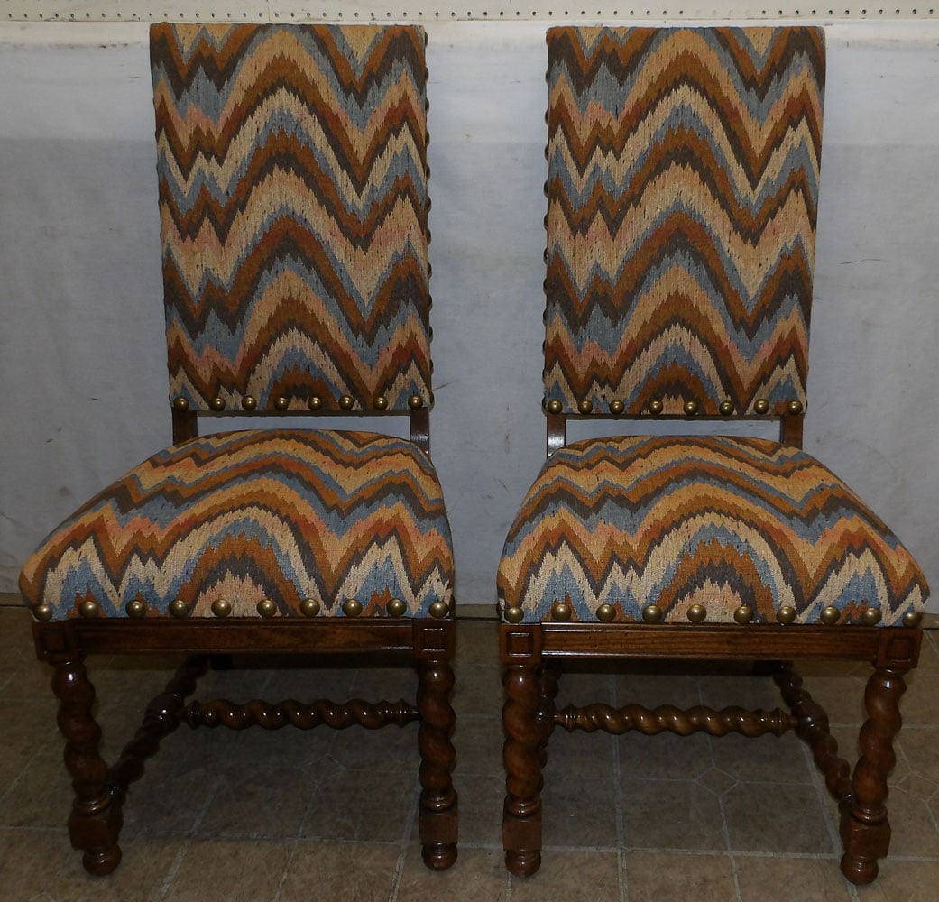 pair oak barley twist side chairs with flame stitched upholstery (1 of 3)