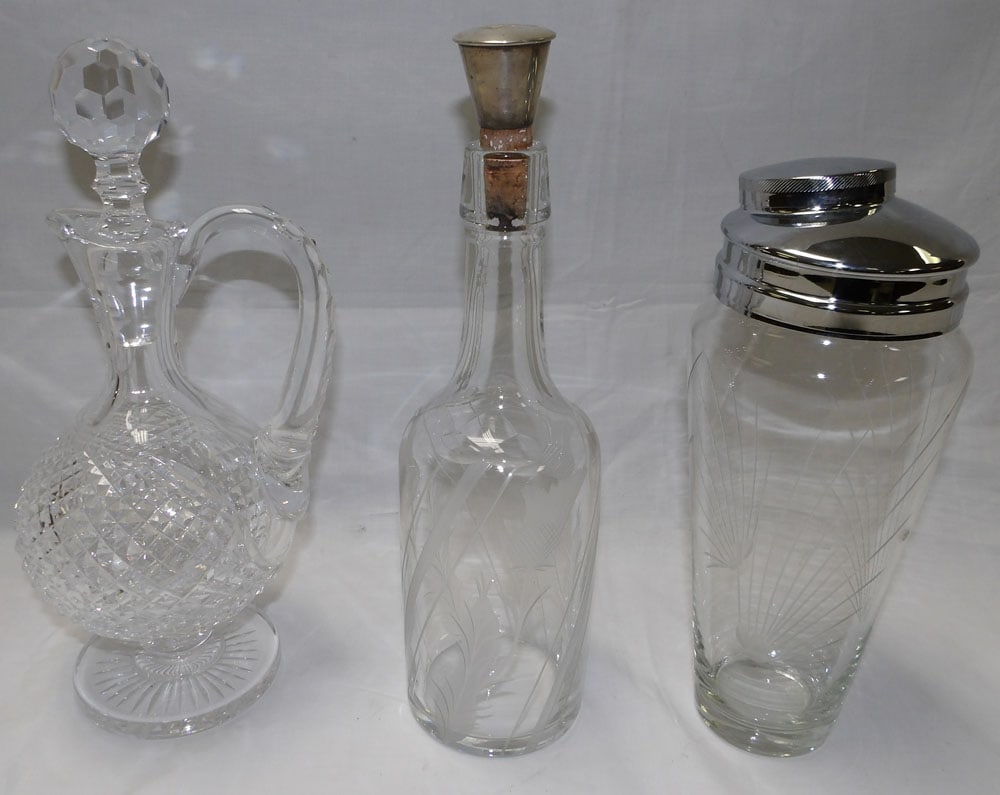 two cut glass decanters and one cut drink cocktail mixer, (one with sterling stopper) (1 of 3)