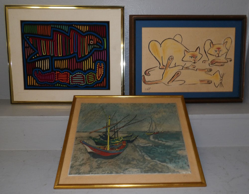 framed mola textile and 2 framed water colors (1 of 7)