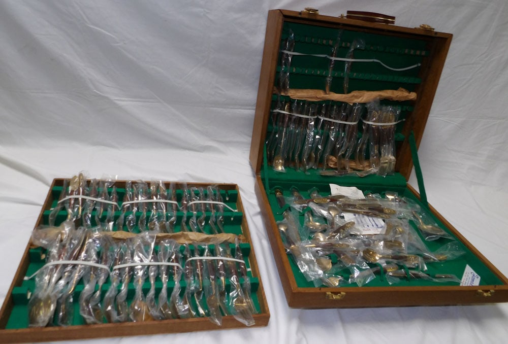 set of brass flatware with teakwood handles in case (1 of 4)