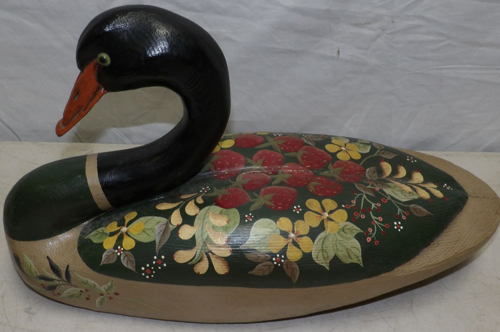 Large Painted Still Life Decorated Goose Decoy: Large Painted Still Life Decorated Goose Decoy. 16 1/2" L 9 1/2" H"ALL DESCRIPTIONS AND ANY CONDITION STATEMENT GIVEN BY LANGSTON AUCTION GALLERY ARE STRICTLY OPINIONS AND LANGSTON'S SHALL HAVE NO RES