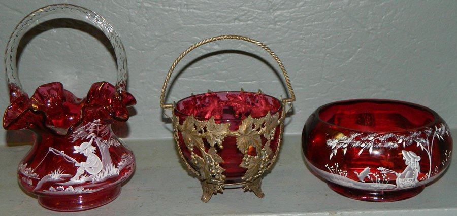 2 pcs Mary Gregory & cranberry dish/metal basket: Mary Gregory basket and bowl, cranberry dish in metal basket