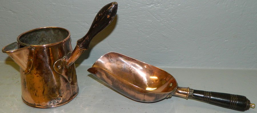 Copper coal scoop, copper pitcher: Copper coal scoop, copper pitcher