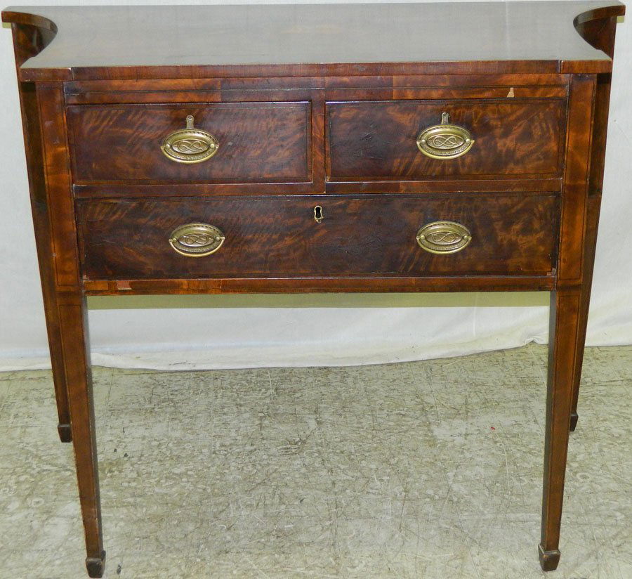 19th C mahogany shape top server: 19th C mahogany shape top server with crotch mahogany sides, ebony and satinwood inlay (43 1/2" wide x 20 1/4" deep x 35 1/4" tall)