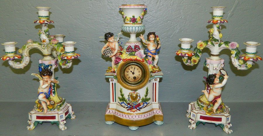 (3) piece Capodimonte clock set, restored.: (3) piece Capodimonte clock set, restored.14" and 14 1/4" tall.