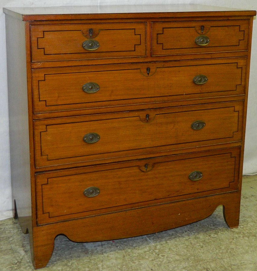 Ebony inlaid 2/3 HW bleached mahog chest: Ebony inlaid 2/3 Hepplewhite bleach mahogany chest with antique pulls and original feet. 36 3/4" wide x 20" deep x 38" tall.