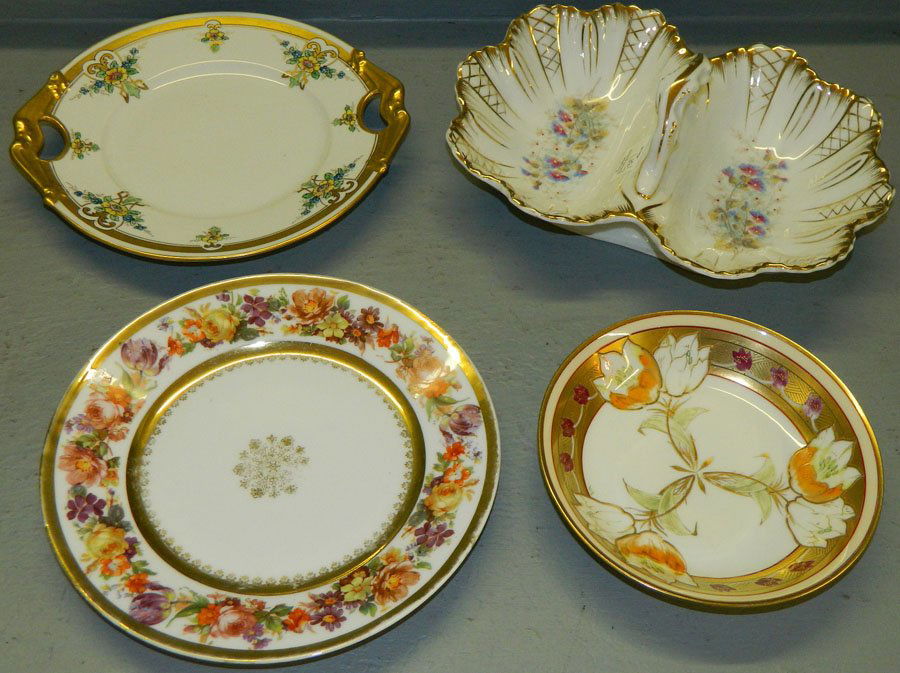 (4) pcs hand painted china, (1) KPM (3) Limoges.: (4) pieces hand painted china, 1 is KPM divided dish, 3 are Limoges.