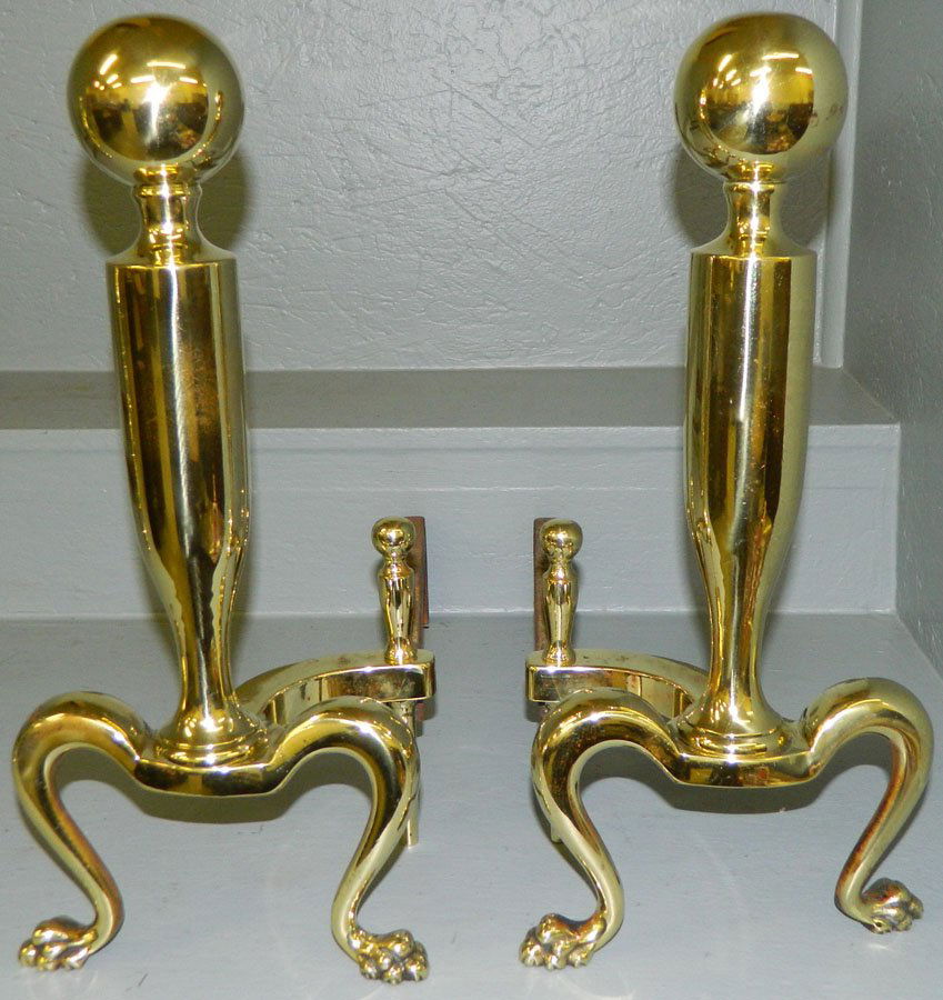 Pr of cannonball brass andirons, freshly polished.: Pair of cannonball brass andirons, freshly polished. 17" tall.